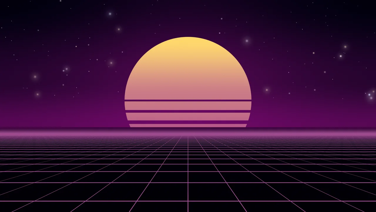 Dark Purple Synthwave Grid Sunset desktop wallpaper in 4K